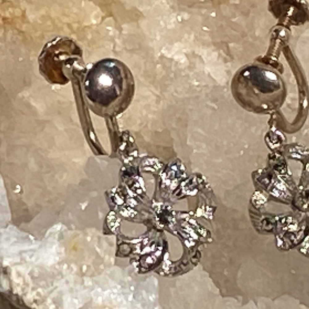 Sterling Silver Marcasites Stud Look Screw Back Flower Dangle Earrings Bling!